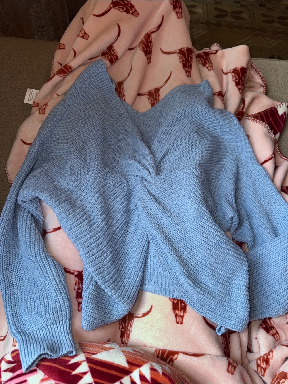 Papaya Light Blue Twist-Front V-Neck Sweater